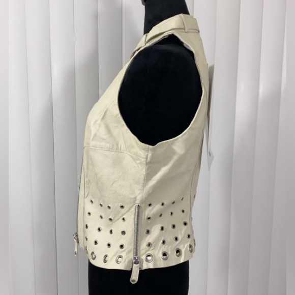 BLANC NOIR Sample Peek A Boo Leather Studded Grommet Vest Pockets Bone White S - Picture 6 of 13